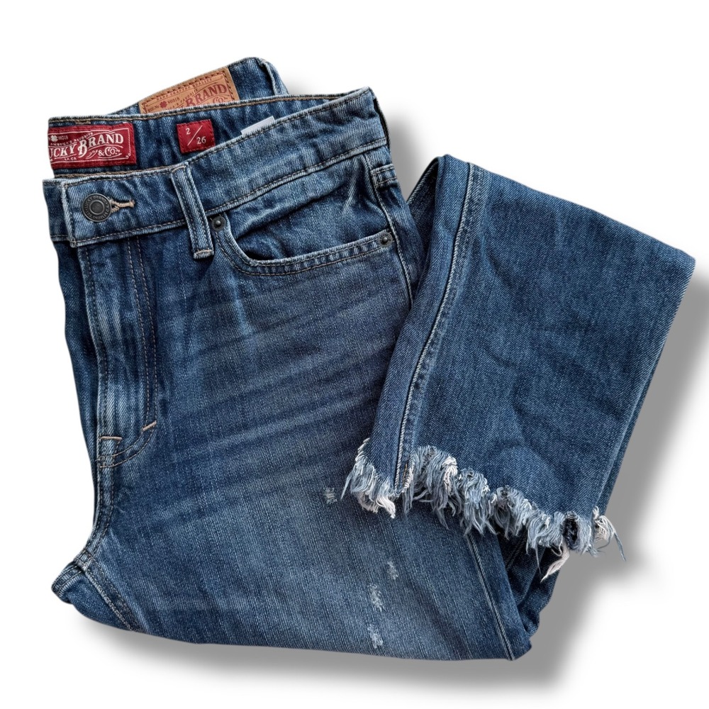 Lucky Brand 2/26 Medium Wash Distressed Raw Hem Sienna Slim Boyfriend Jeans FLAW